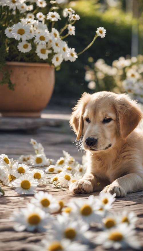 花が咲く日差しのパティオで、元気なゴールデン・レトリバーの子犬がボールで遊んでいる様子を描いた壁紙