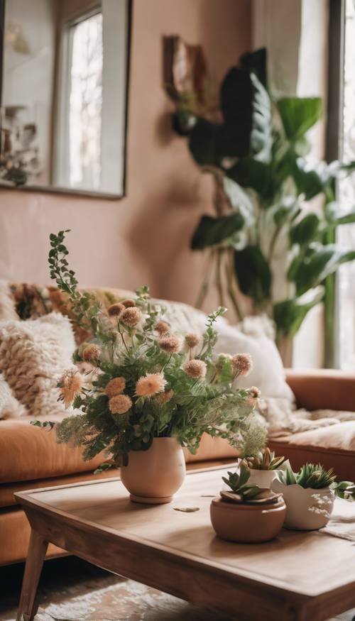 Un salon bohème confortable aux tons chauds avec des plantes et des fleurs printanières fraîches sur la table basse.