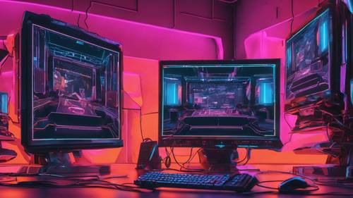 An image of three gaming monitors with black bodies and orange edges, arranged in a panoramic setup.