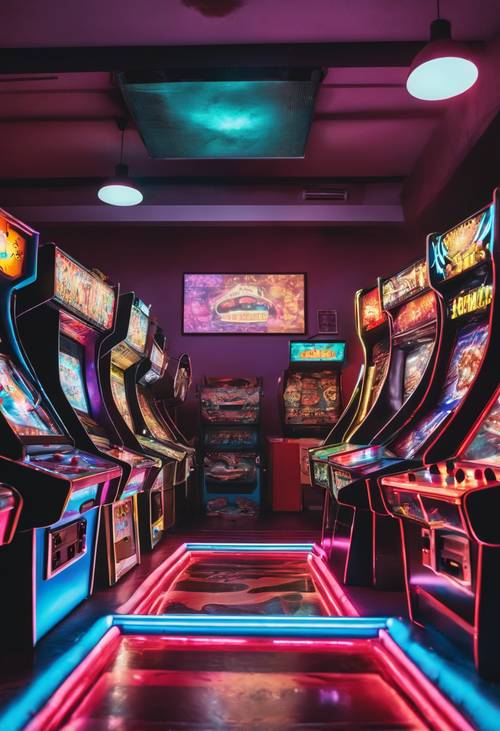 Eine Retro-Spielhalle voller verschiedener Vintage-Videospiele und Flipperautomaten, helle Neonlichter spiegeln sich im glänzenden Boden.