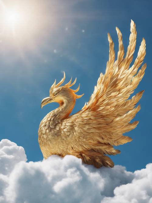 Ptak złoty feniks śpi, delikatnie położony na puszystej chmurze pośród pogodnego błękitnego nieba.