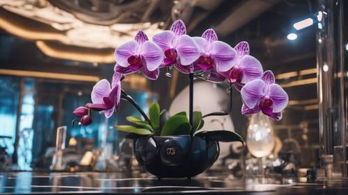 Abstract expressionistic orchids set in a modern, futuristic environment.