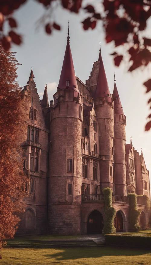 A grand and imposing gothic castle bathed in a soft burgundy glow from the setting sun.