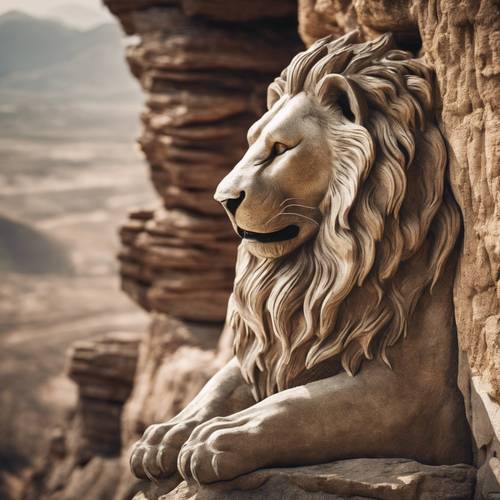 Yıpranmış bir dağın yamacına kazınmış antik, hayaletimsi bir aslan.