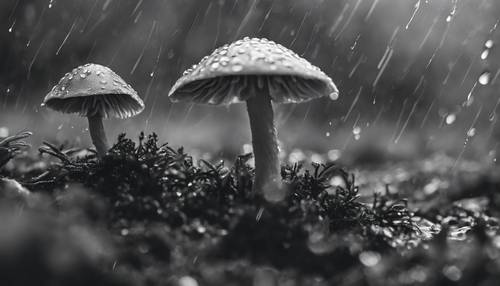 A black and white mushroom during a stormy day, wet under the rain.