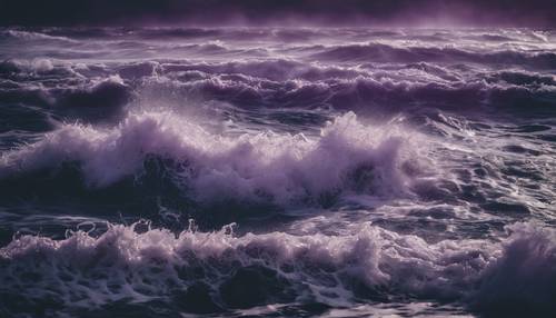 Yüksek gelgit dalgaları olan koyu mor fırtınalı bir okyanusun soyut bir temsili.