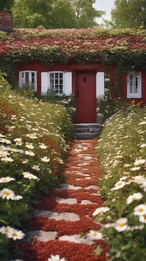 The stone path leading to a rust-red cottage, covered in flowering creeper vines, with daisies scattered across the lawn.