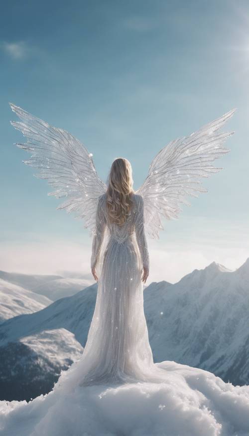 Anioł promieniujący chłodną energią, z kryształowymi skrzydłami mieniącymi się na tle mroźnej górskiej panoramy.