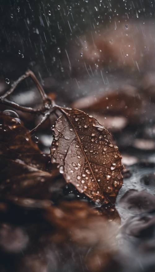 Wyblakły, ciemnobrązowy liść zalany ulewnym deszczem, na jego powierzchni połyskują kropelki wody.