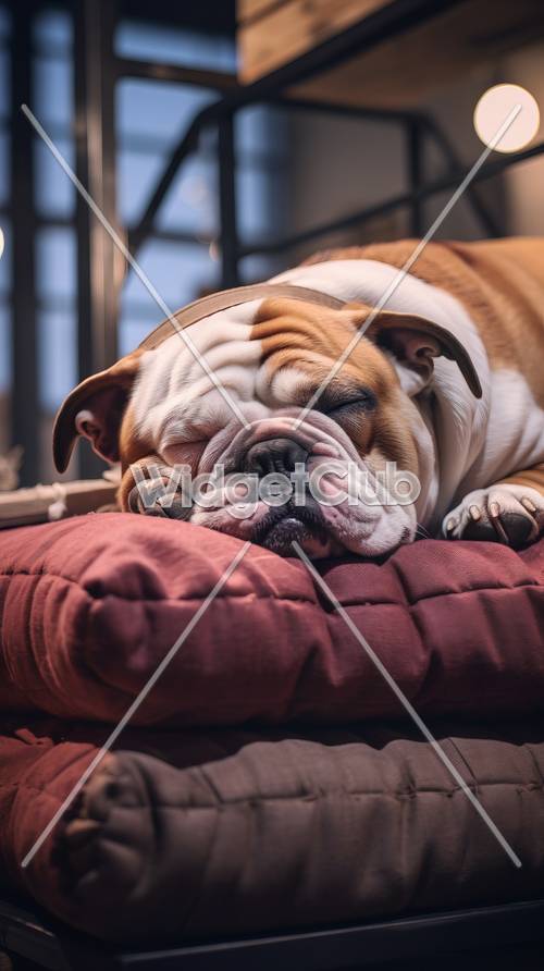 Schläfrige Bulldogge auf einem roten Kissen