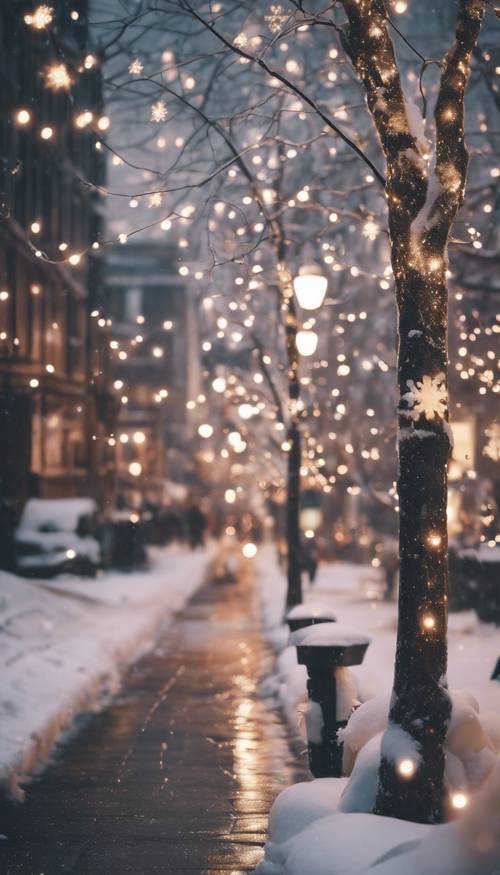 Śnieżna scena miejska w okresie świątecznym z miejskim życiem pod błyszczącymi światłami.