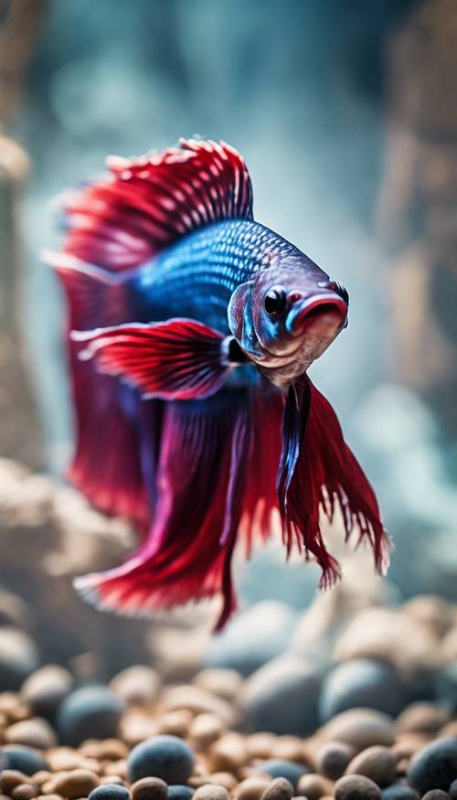 A small, elegant betta fish displaying vibrant indigo and crimson hues.
