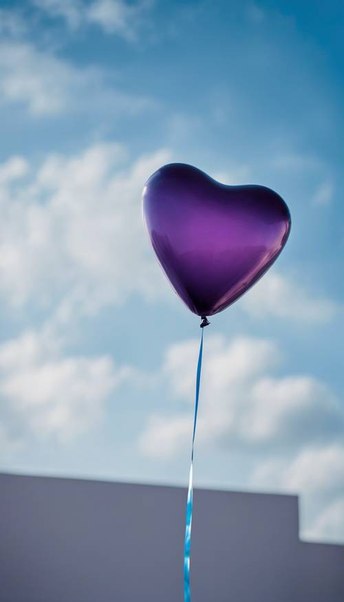 Sebuah balon berbentuk hati berwarna ungu tua, melayang di langit biru cerah.