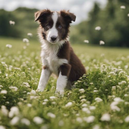 茶色と白のボーダーコリーの子犬が、みどりの豊かな畑で羊を追いかける方法を学んでいます