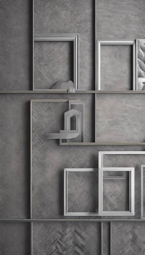 A series of gray herringbone textured picture frames on a wall.