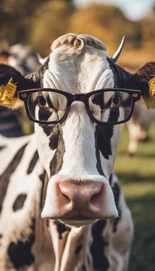 一头戴着学院风眼镜、穿着粗花呢外套的奶牛