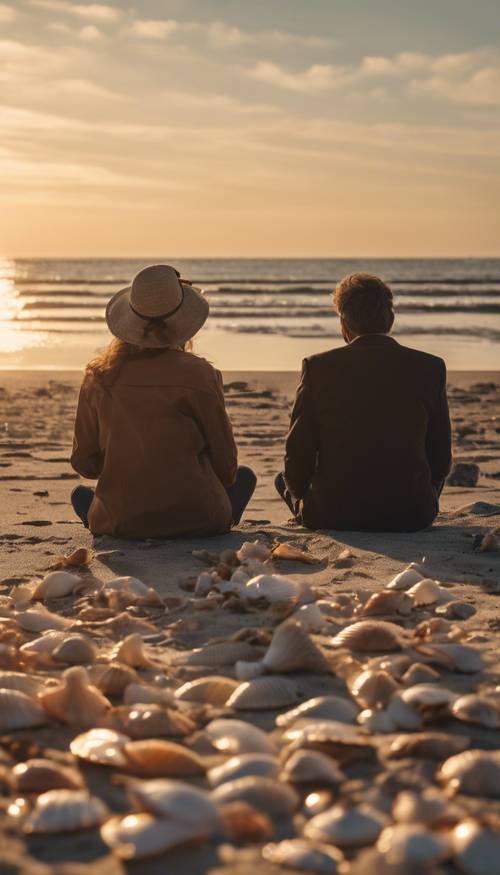 Um casal observando o sol se pôr no horizonte em uma praia tranquila, cercada por conchas do mar. Papel de parede [5eeb0520d17a4022b94a]