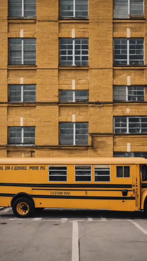 Um grupo de ônibus escolares alinhados em frente a um prédio escolar de tijolos amarelos.