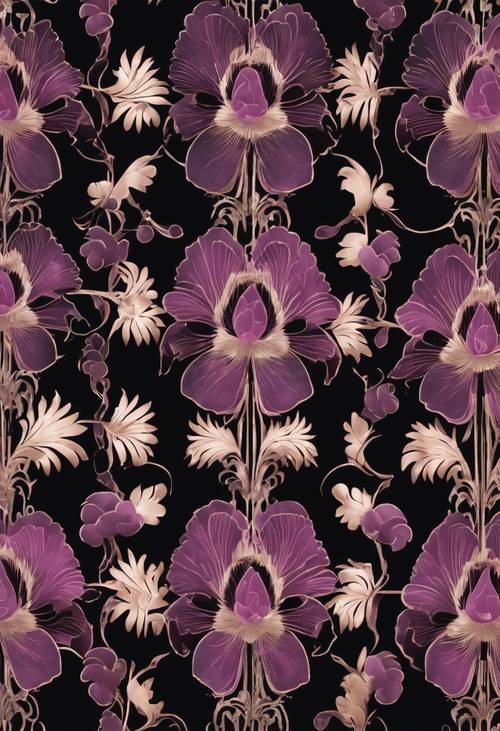 Un patrón de papel tapiz con ricos motivos florales art déco de color ciruela que brillan sobre un fondo negro intenso.