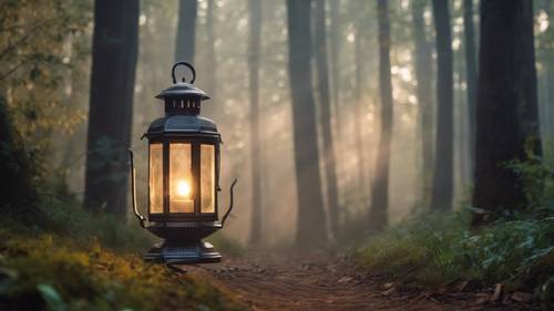 Eine bezaubernde Laterne mit Hintergrundbeleuchtung beleuchtet einen nebligen Waldweg, ein erhebendes Zitat schwebt im Licht der Laterne.