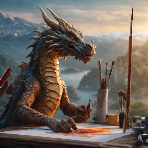 Un artiste dragon peignant habilement un paysage à couper le souffle, son pinceau délicatement saisi dans ses griffes.