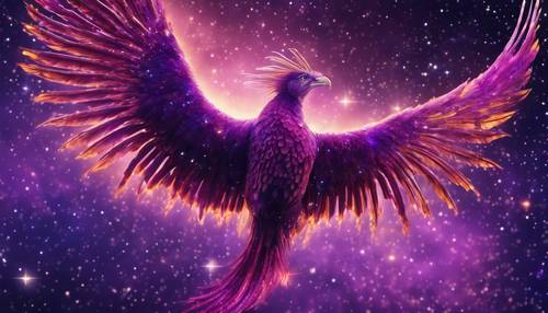 這是一個夢幻般的場景，一隻光芒四射的紫色條紋鳳凰在數千顆星星照亮的夜空中翱翔。 牆紙 [acf09f2be8bd461fa503]