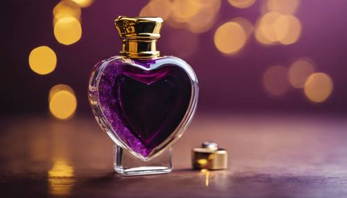 A dark purple heart-shaped glass bottle filled with a golden perfume.
