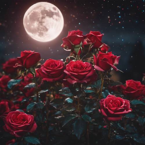 Pemandangan malam bunga mawar merah cerah bermekaran di bawah sinar bulan.