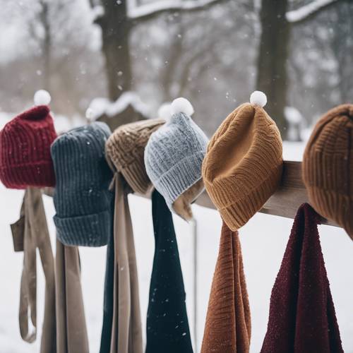 눈 오는 날 코트걸이에 걸려 있는 프레피 스타일의 겨울 모자