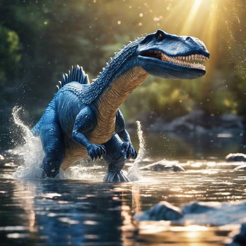 سبينوصور أزرق قوي يصطاد في نهر متلألئ، مع أشعة الشمس المتلألئة فوق رأسه.