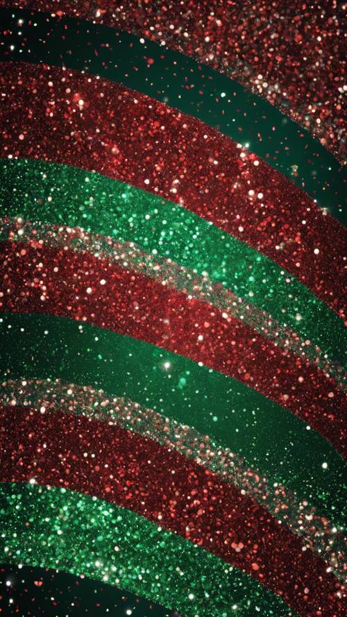 A diagonal stripes pattern made up of red and green glitters