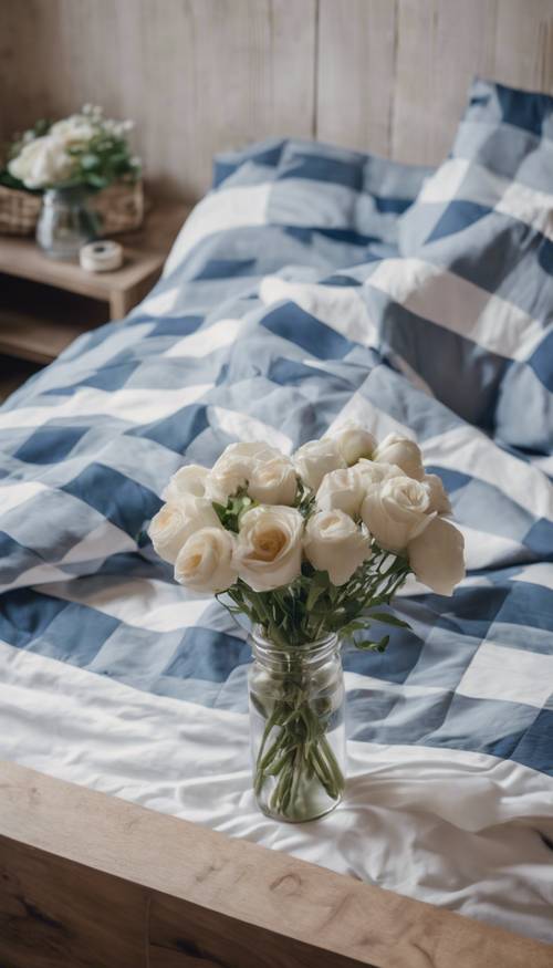 Um quarto sofisticado com roupa de cama xadrez azul e branca, móveis rústicos de madeira e um vaso de flores na mesinha lateral.