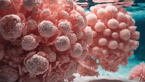 Una enorme escultura de coral, intrincadamente diseñada para imitar un jarrón de peonías rebosante, situada bajo el agua.