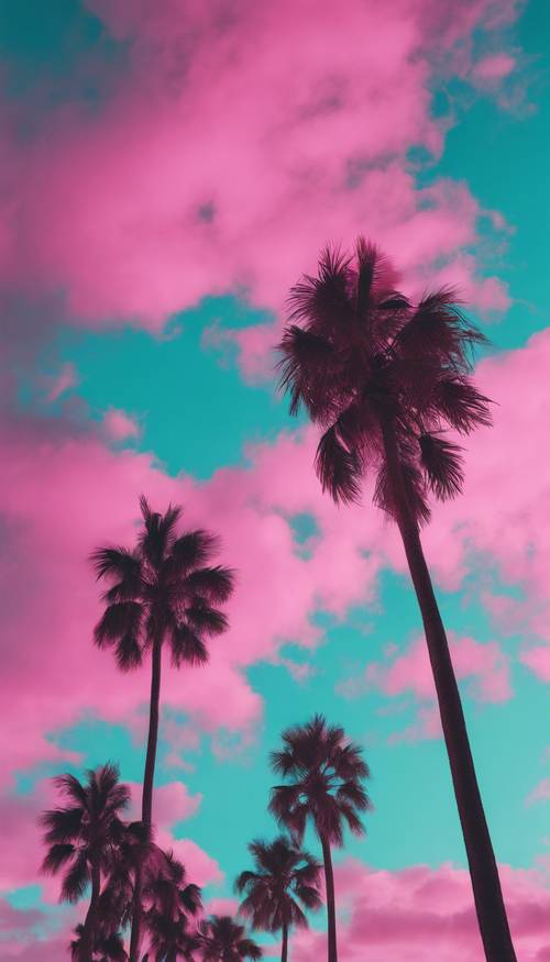 A group of palm trees beneath a bright pink and turquoise vaporwave sky.