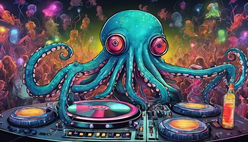 A vibrant digital drawing of a cool octopus DJing at a deep-sea rave party.