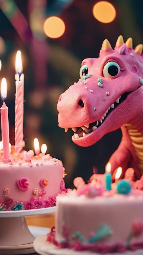 Um dinossauro rosa soprando velas em um bolo em uma festa de aniversário.