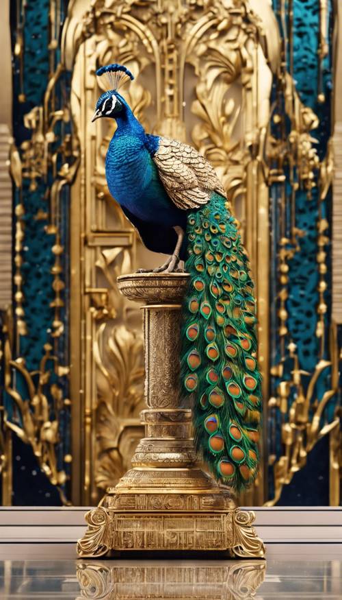 Natureza morta em estilo Art Déco apresentando um pavão empoleirado em um pedestal dourado ornamentado.