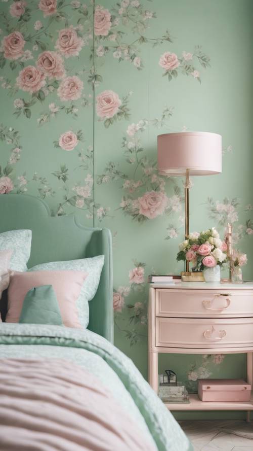 Preppy, pastelowa zielona sypialnia z tapetą w kwiatowe wzory i eleganckimi, prostymi meblami.