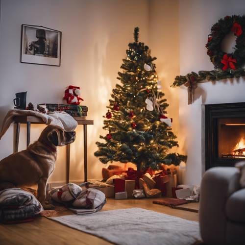 A snug living room exuding Christmas warmth, with stockings hung over the fireplace, hot cocoa sitting on the table, and a puppy sleeping by the lit tree.