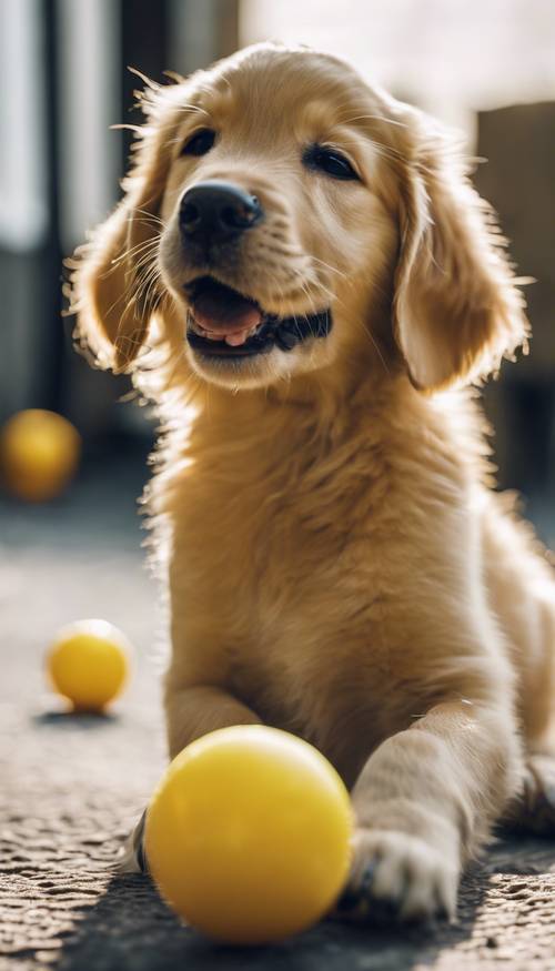 Um cachorrinho golden retriever brincando com uma bola amarela brilhante.