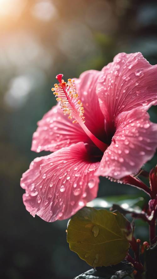 Una flor de hibisco rosa, bañada por el rocío y disfrutando de las primeras luces de una mañana tropical.