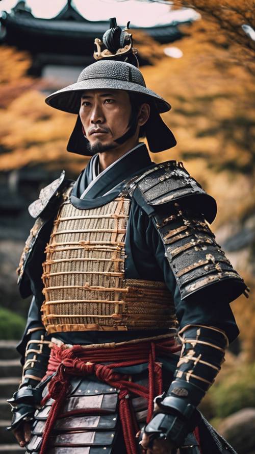 武士が伝統的な鎧を着て、古代日本の城の外に立っている