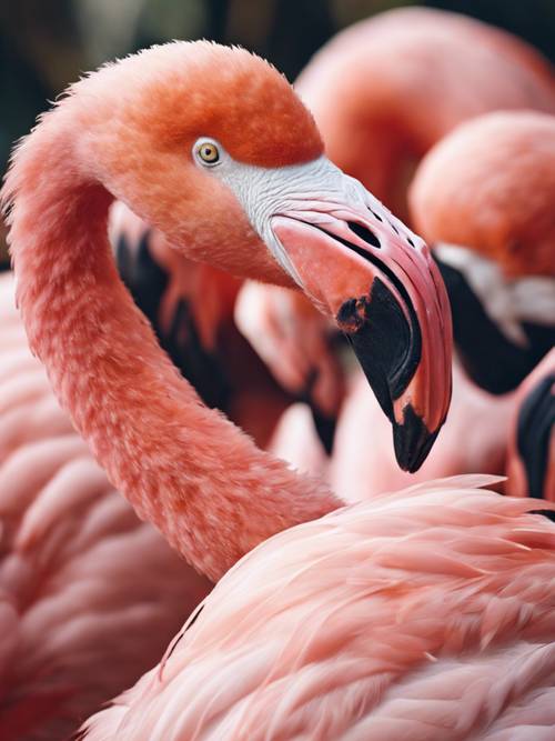 Pembe bir flamingonun yüzünün yakın çekimi, gözleri odaklanmış ve tetikte.