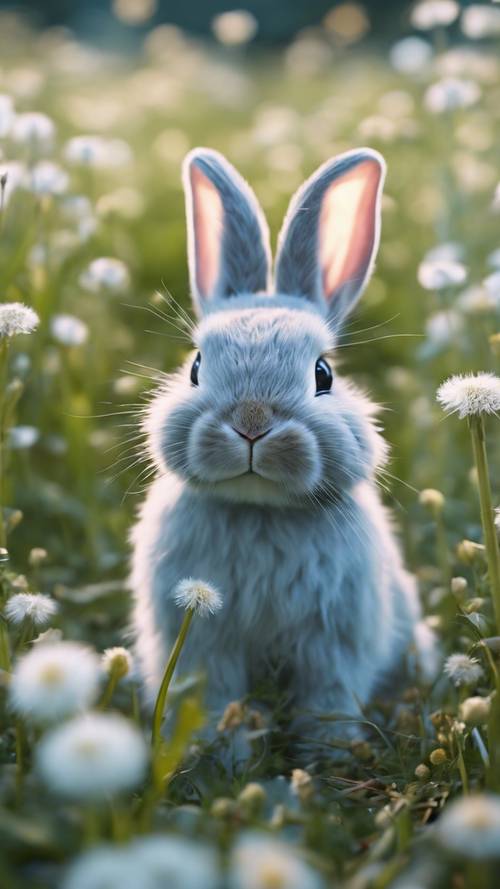 A soft, fluffy, blue, kawaii bunny hopping through a field of dandelions. Tapeta [28b605e1c33c439f8739]