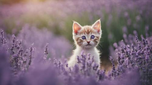 Seekor anak kucing menggemaskan bersembunyi di tengah ladang lavender yang lebat.