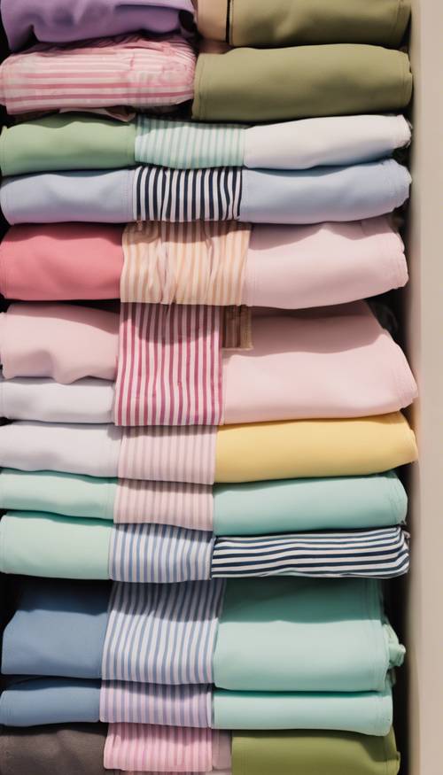 Ein sorgfältig organisierter Kleiderschrank voller farbenfroher, adretter Frühlingsoutfits, darunter ordentliche Stapel pastellfarbener Poloshirts, Chinos und charakteristischer gestreifter Krawatten.