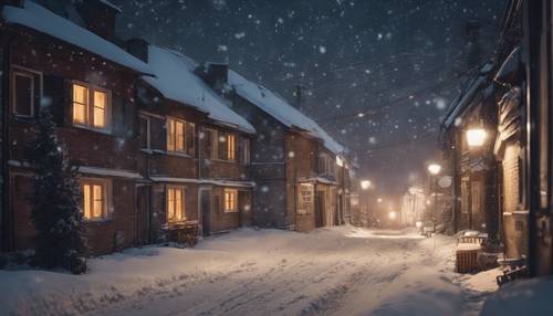 Una notte invernale nevosa in un piccolo villaggio, con la luce che entra dalle finestre delle case.