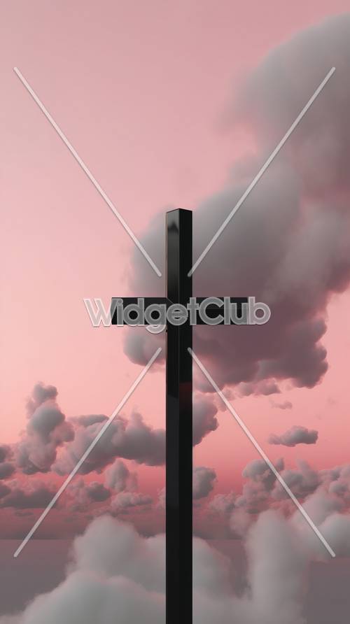 Розовое небо и облака с черным крестом