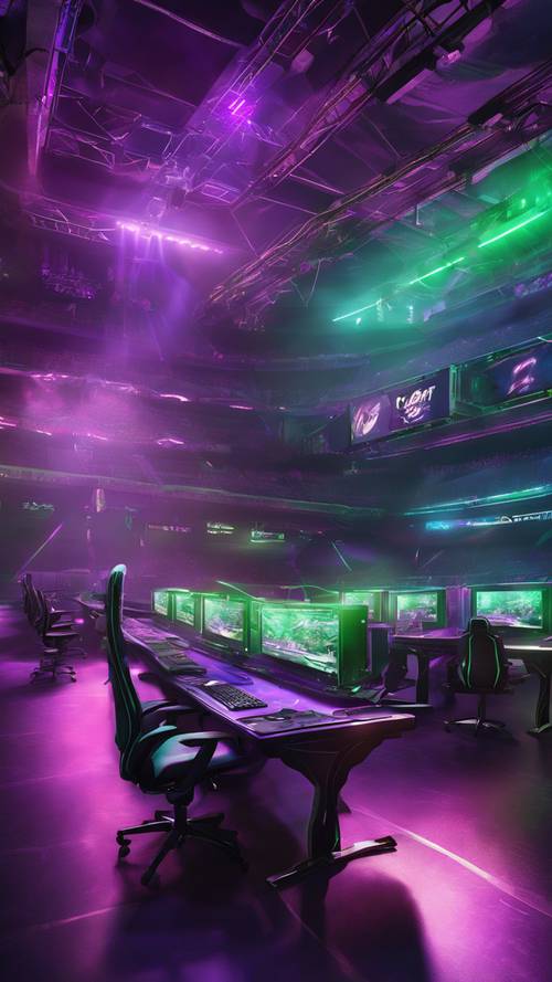 電子競技比賽舞台沐浴在紫色和綠色燈光的戲劇性組合中。