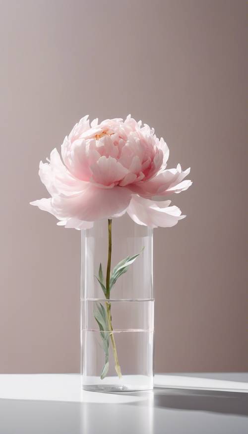 Une seule pivoine rose clair parfaitement fleurie se tenant fièrement dans un vase en cristal sur un fond blanc minimaliste.